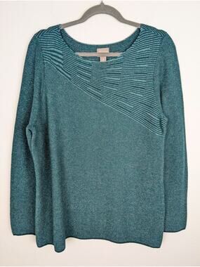 Chico's Sweater Metallic Design Holiday Party Knit Quirky Eclectic Green Size L